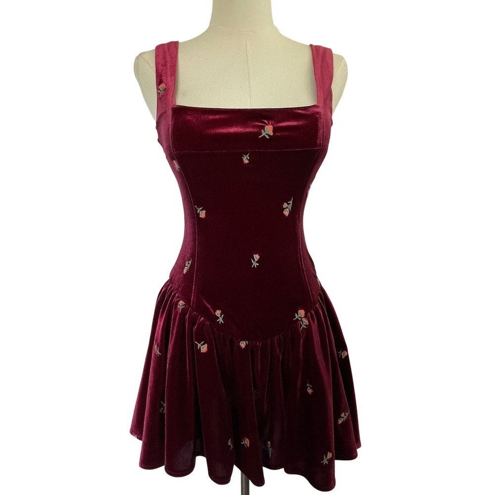 WeWoreWhat Velvet Corset Peplum Mini Dress 4 Burgundy Red Coquette Dark Romance